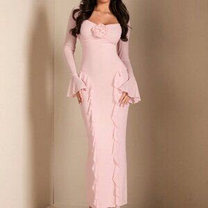 Pink Elegant Women's Floral Embellished Long Sleeve Dress